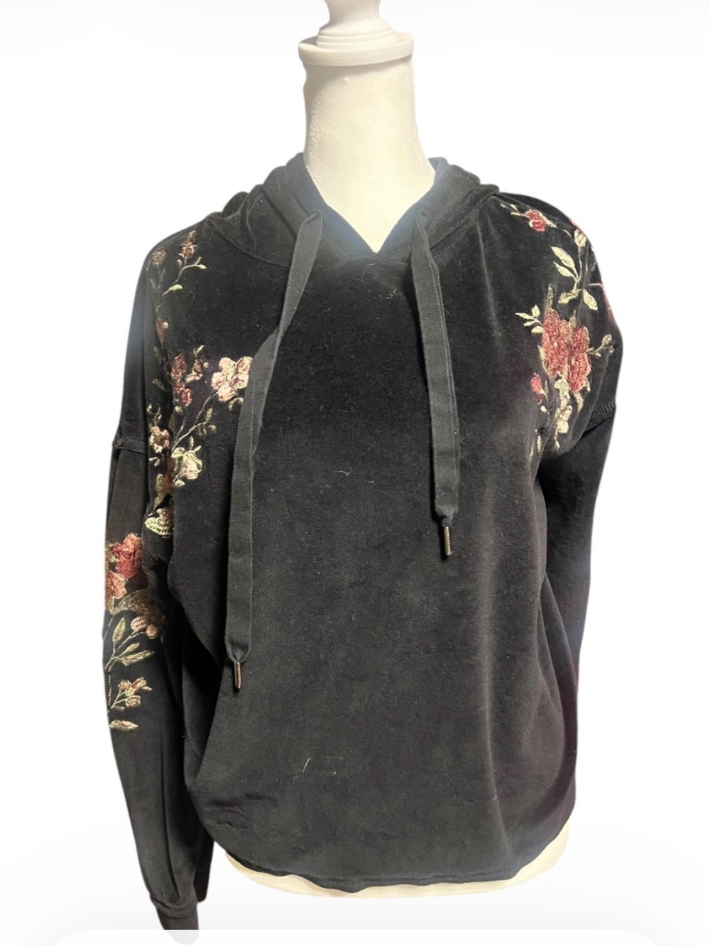 Y2K Black Velvety Hoodie with Floral Embroidery West Coast